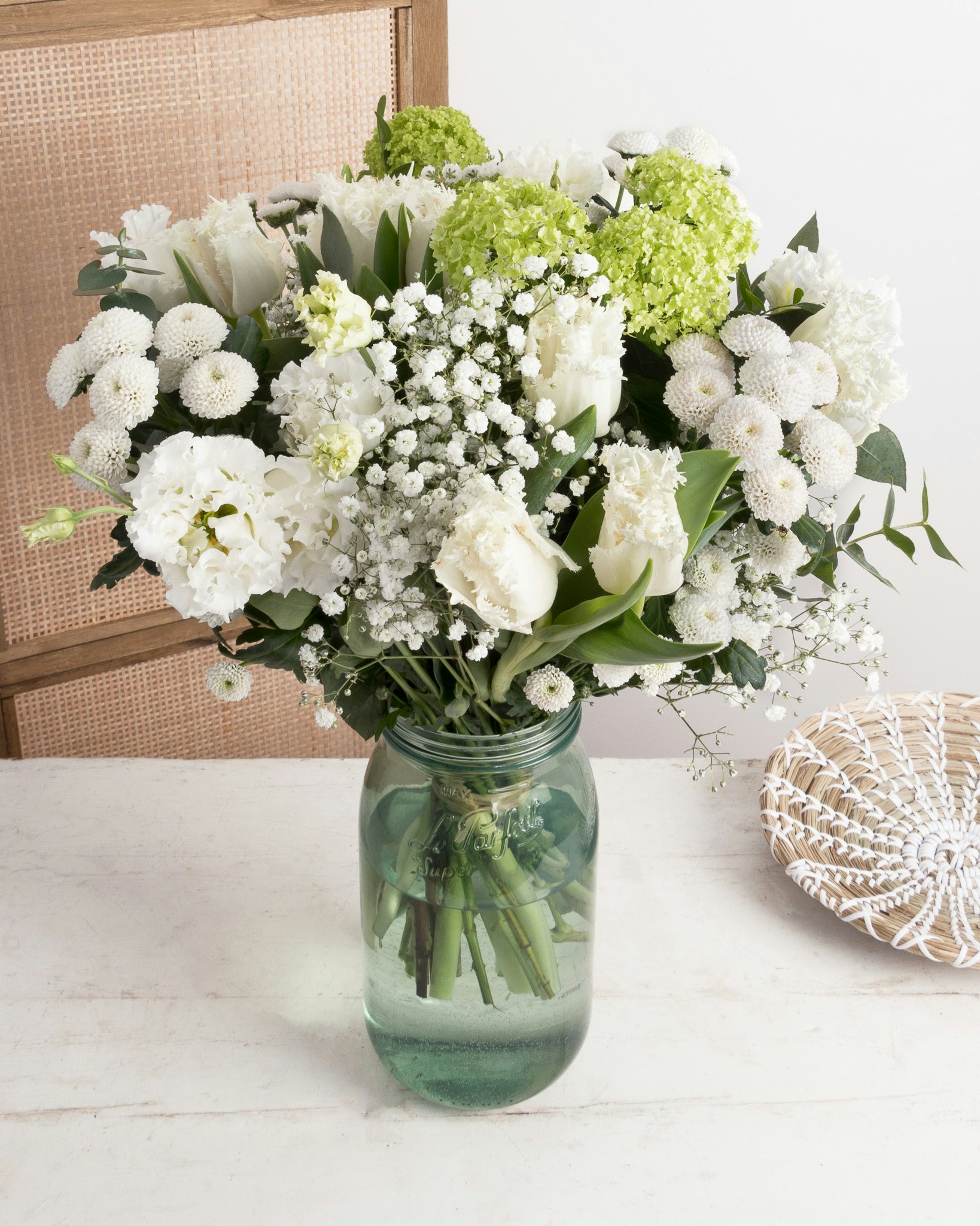 Bouquet Santorin L & vase Le parfait vert