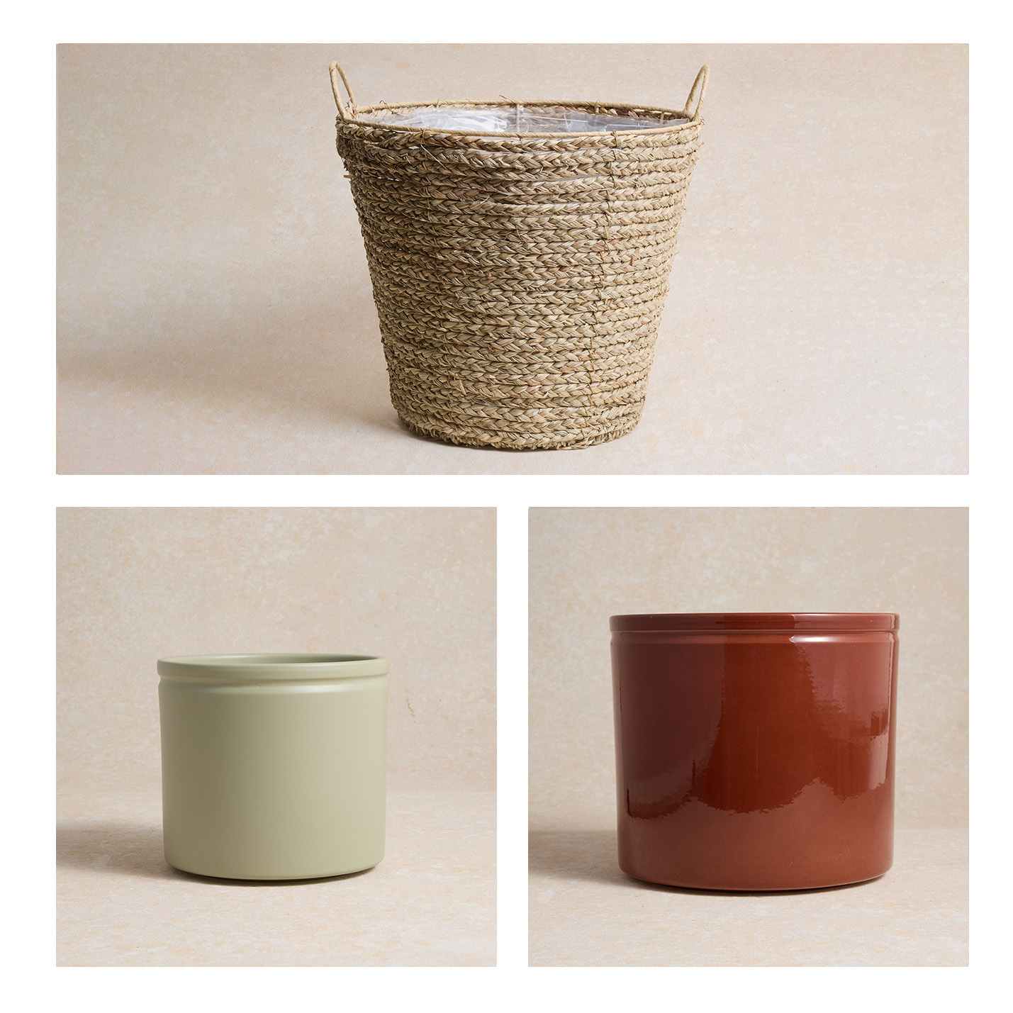 Cache-pot neutre D12 + cache-pot rose D23 + panier naturel D30